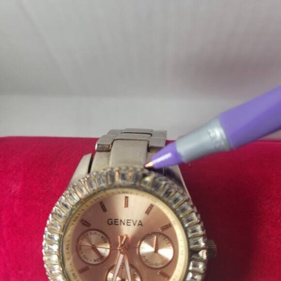 Geneva Women's Silver Tone Rose Face Watch Missing Crystals Japan Movement - Picture 3 of 6